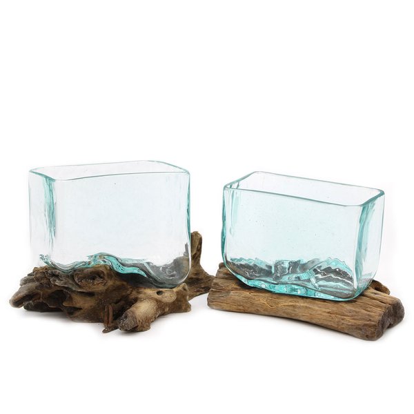 Geschmolzenes Glas auf Holz mit Ständer - Mittlere Schüssel